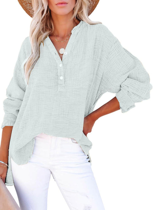 🍀LAST DAY SALE 50% OFF🍀Womens Casual Gauze Button Neck Long Sleeve Oversized Blouses