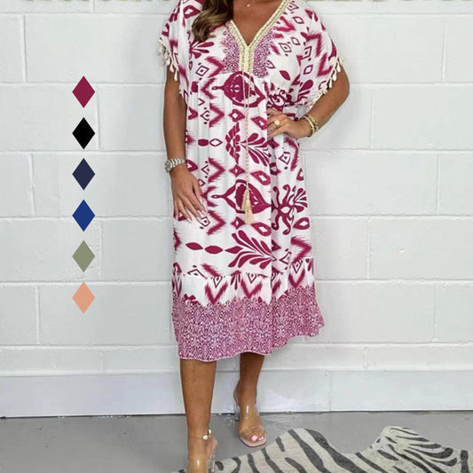 💥 Last Day! Special Sale -50% OFF 💃Printed Casual Dress With V-Neckline and Fringes on the Short Sleeves