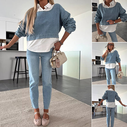 💖Free shipping💖Women's Fashion Long Sleeve Denim Top & Pants Two Piece Set