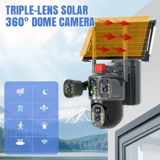 🎥 Solar-Domekamera mit drei Objektiven und 360° Rundumsicht ✈️ Kostenloser Versand