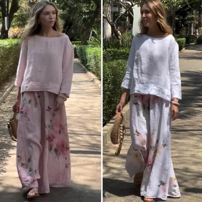 💖Hot Selling 49% OFF💖Solid Tops ＆ Floral Wide-Leg Pants (2-Piece Set)