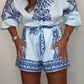 Patterned Tie Waist Button Up Shorts Co-ord