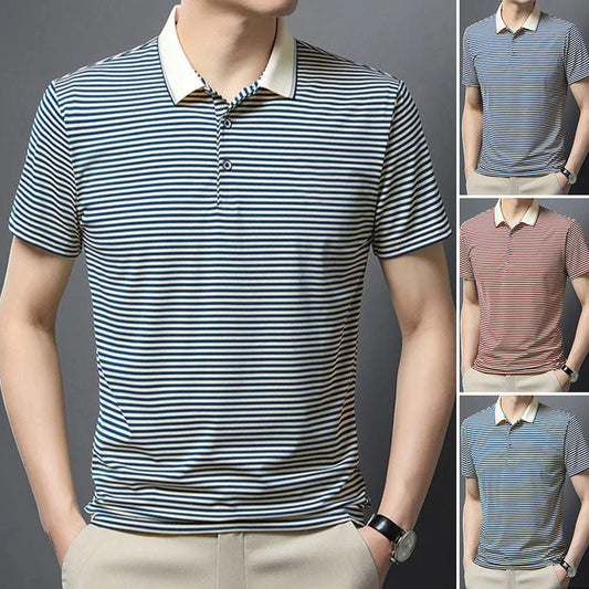 💖Hot sale--49% off👕Men's Business Casual Striped Breathable Lapel T-Shirt