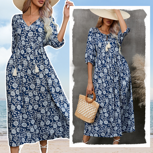 🌸Summer Sale - 49% off🌸Women’s Elegant Floral Print V-Neck Long Dress