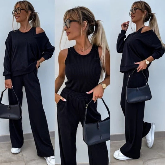 🎁 Hot Sale 49% OFF 🔥Women's Solid Color Vest & V-Neck Long Sleeve Top & Pants 3-Piece Set