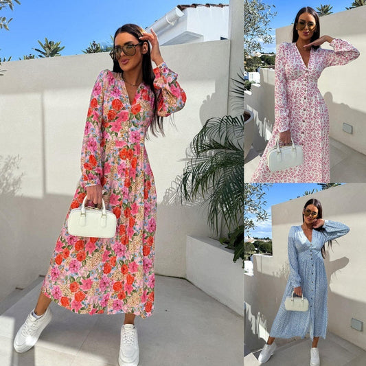 💥Last Day Special Sale 49% OFF💃Fashion V-Neck Button Long Sleeve Floral Waist Dresses