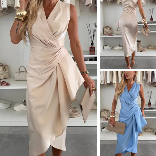 💥2025 HOT SALE--49% OFF💥Satin V-Neck Ruched Midi Dress with Irregular Ruffle Hem