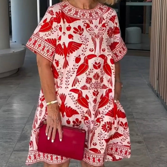 🌺Women's red dress with vintage print and loose fit