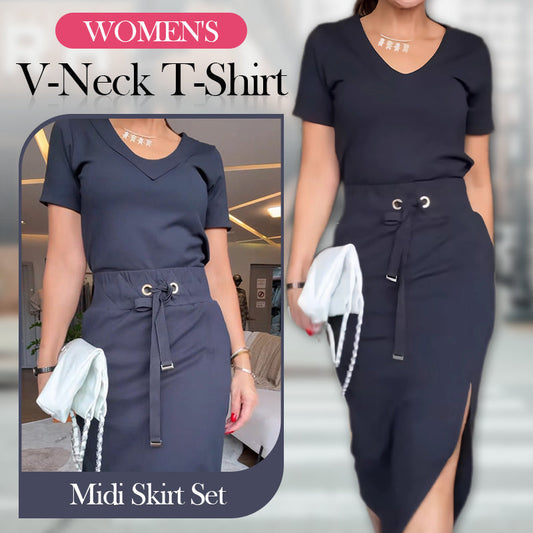 🔥2025 Hot Sale - 49% korting 💥Women's V-Neck T-Shirt & Midi Skirt Set