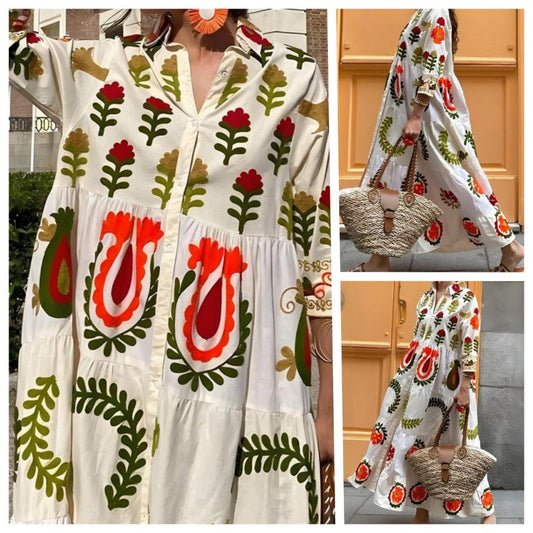 Flap Collar Printed Button-Down Maxi Dress