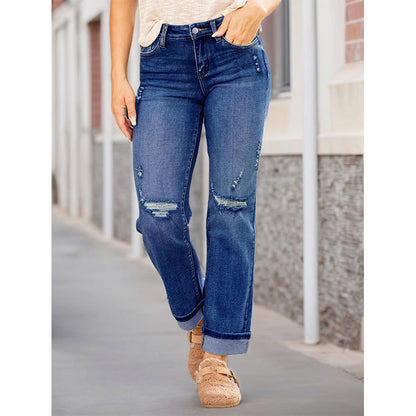 👖Casual-jeans för damer med slitningar och raka ben – trendiga & smickrande🔥