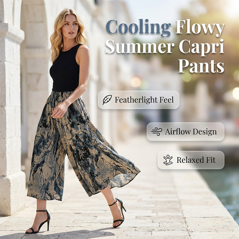 👖🌸 Svalkande capribyxor med vida ben och elastisk midja – sval komfort hela sommaren 🌿