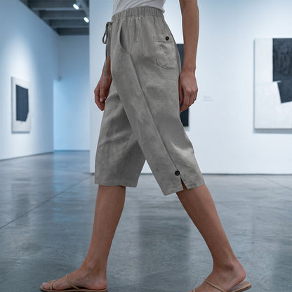 👖🌸 Avslappnade capribyxor med elastisk dragsko och fickor – komfort hela sommaren👖