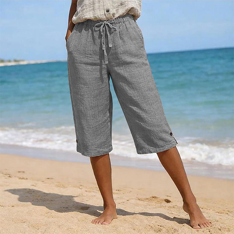 👖🌸 Avslappnade capribyxor med elastisk dragsko och fickor – komfort hela sommaren👖