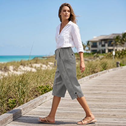 👖🌸 Avslappnade capribyxor med elastisk dragsko och fickor – komfort hela sommaren👖