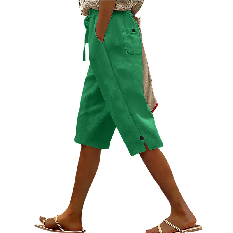 👖🌸 Avslappnade capribyxor med elastisk dragsko och fickor – komfort hela sommaren👖