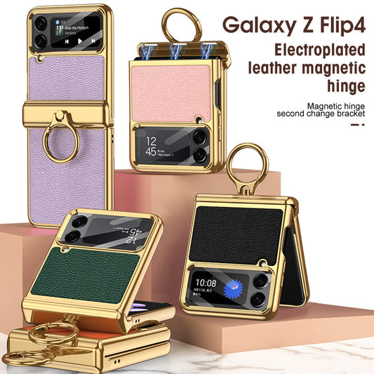Galaxy Z Flip4 Flip3 5G -puhelimelle tarkoitettu nahkainen magneettisella saranalla varustettu puhelinkotelo